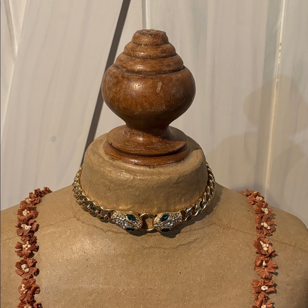 Gold Snake Head Choker Necklace with Green Crystal Eyes